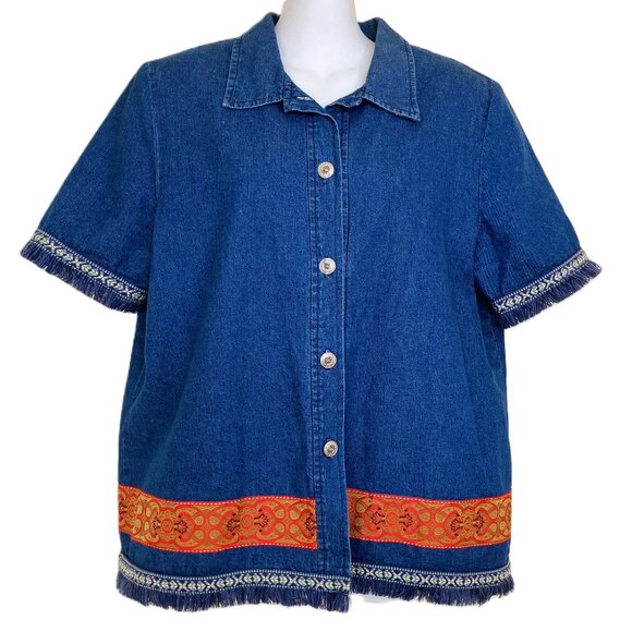 HL Design Fringed Denim Chambray Shirt Ribbon Trim Short Sleeves Vintage 90s - Picture 7 of 8
